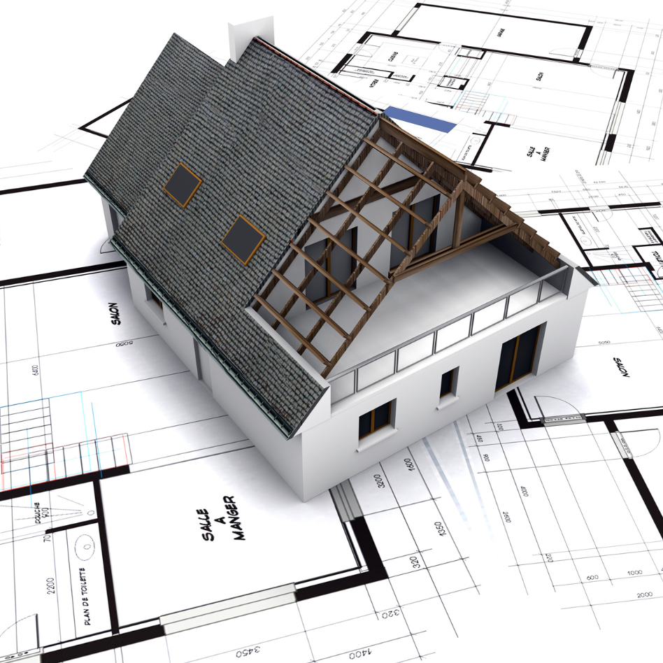 3D model of a house surrounded by blueprints, illustrating ZIC Architecture's free initial consultation for extensions and remodelling.
